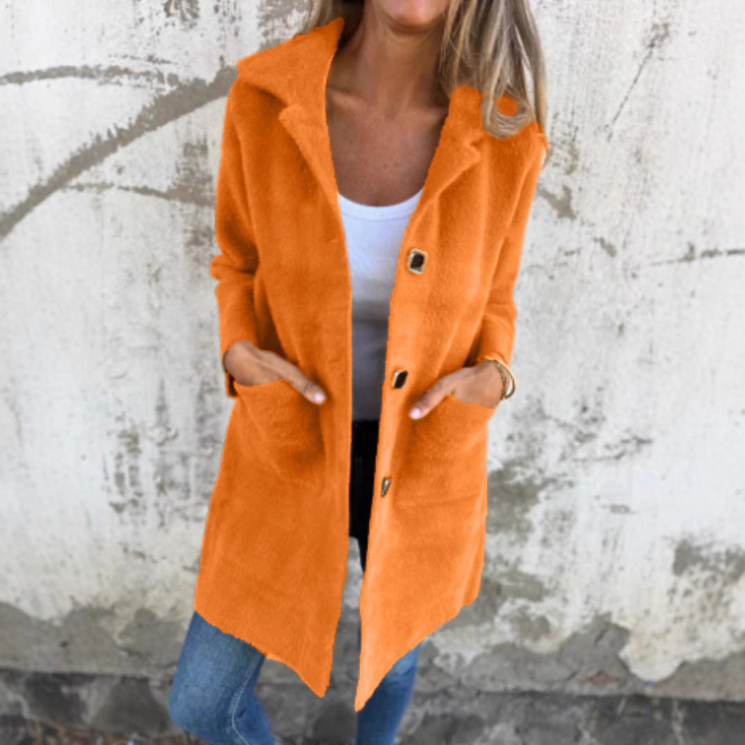 Autumn and winter single-breasted solid color lapel pocket double-sided cashmere mid-length coat for women