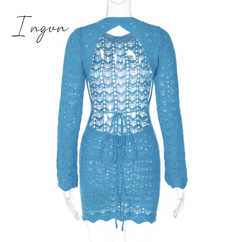 Ingvn - Round Collar Backless Blue Dress Women Sexy Long Sleeve Elegant Beachwear Solid Bodycon See Through Sheath Dress Female