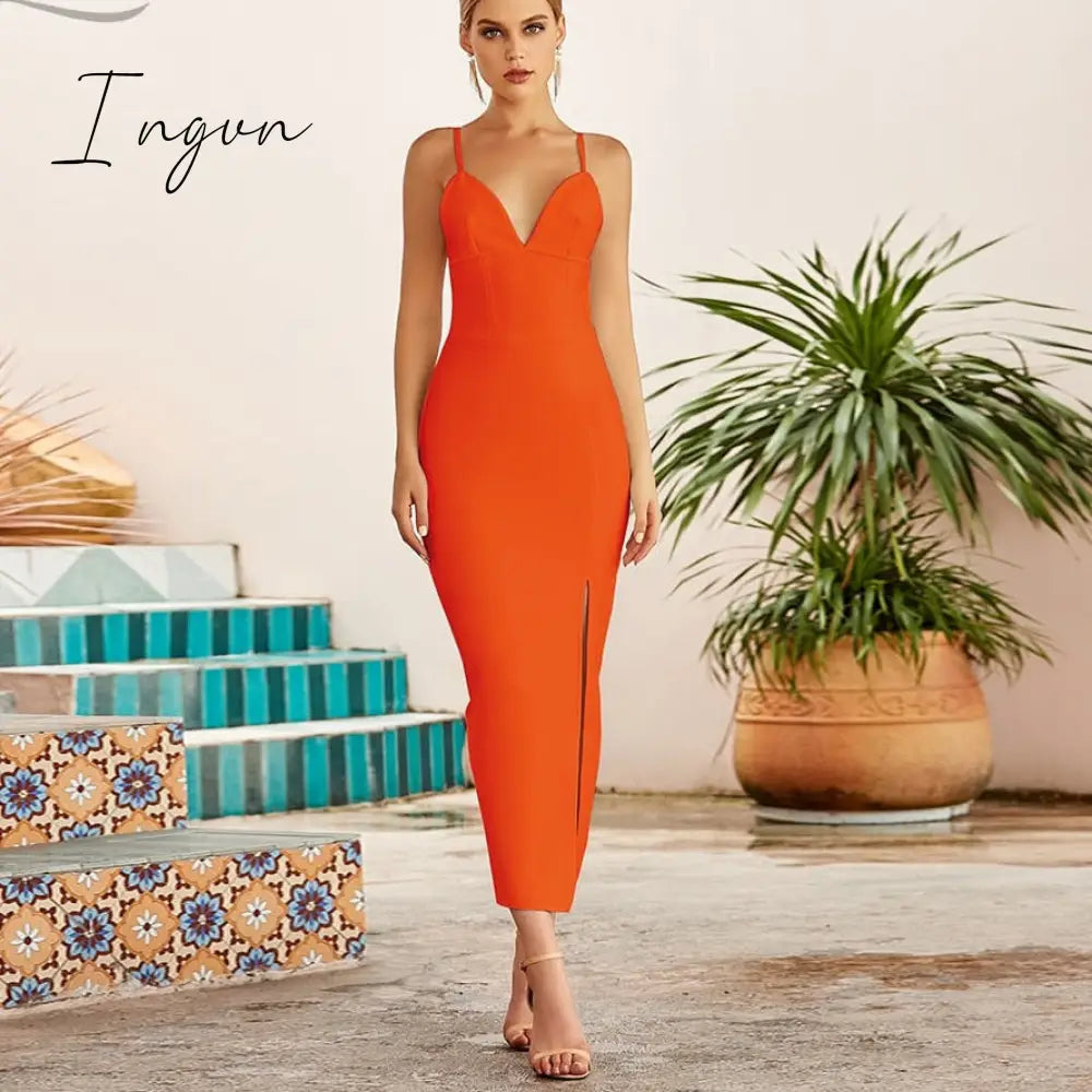 Ingvn - New Summer Women White Bodycon Bandage Dress Sexy V Neck Spaghetti Strap Club Celebrity Evening Runway Party Maxi Dresses