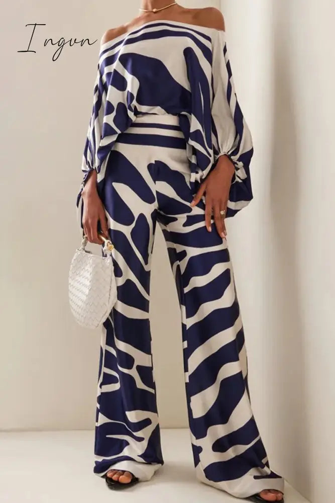 Ingvn - Casual Elegant Print Patchwork Off the Shoulder Long Sleeve Two Pieces(13 Colors)