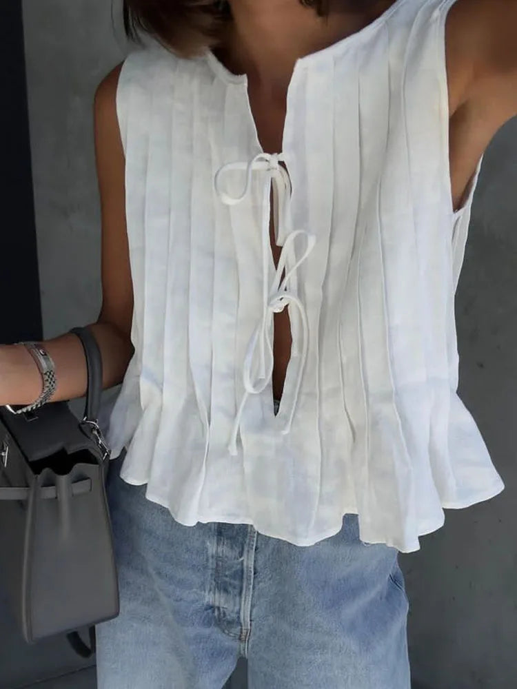 White Bandage Ribbed Tank Top Shirts For Women Hollow Out Sleeveless Slim Summer Fashion Vest Women's Lace-Up Vest Y2k Top