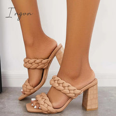 Ingvn - Square Toe Block High Heels Backless Slip on Mule Sandals