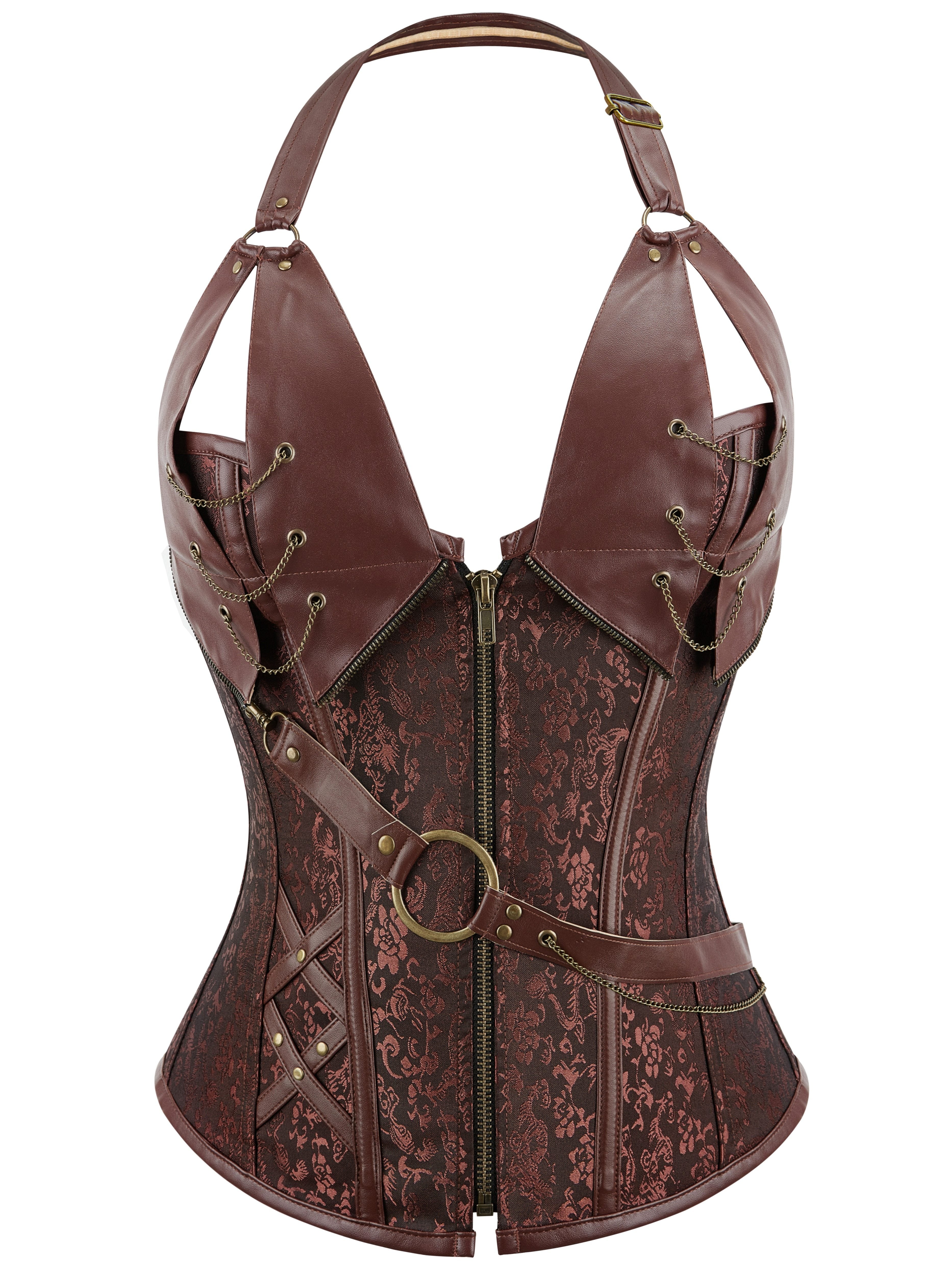 Plus Size Gothic Floral Jacquard Corset Body Shaper - Firm Tummy Control, Adjustable Lace-Up & Chain Decor - Silhouette-Sculpting Zipper Shaper for Women
