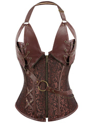 Plus Size Gothic Floral Jacquard Corset Body Shaper - Firm Tummy Control, Adjustable Lace-Up & Chain Decor - Silhouette-Sculpting Zipper Shaper for Women