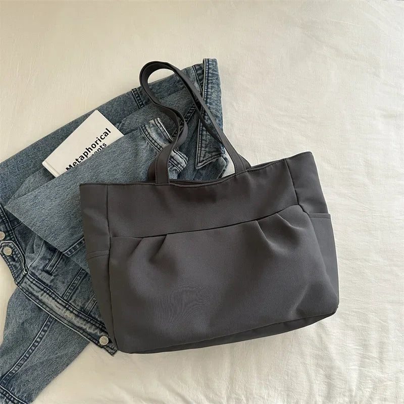 Ingvn  Casual Early Autumn Women Nylon Large Capacity Smooth Shoulder Bag Commuter Supple Solid Colour Ruched Outer Pocket Handle Bag