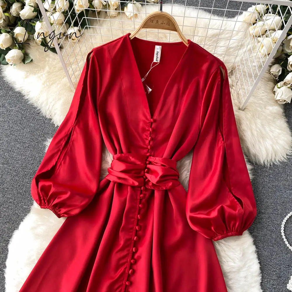 Ingvn - Womens Fashion Irregular Maxi Dress Women Design Hollow Puff Sleeve A-line Dress New Autumn Casual Vacation Split Long Dress