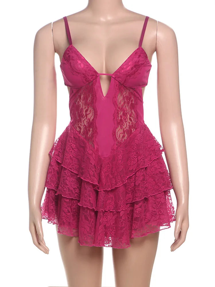 Lace Spaghetti Strap Sexy Mini Dress For Women Fashion Hollow Out Sleeveless Backless High Waist Ruffled Dress Elegant