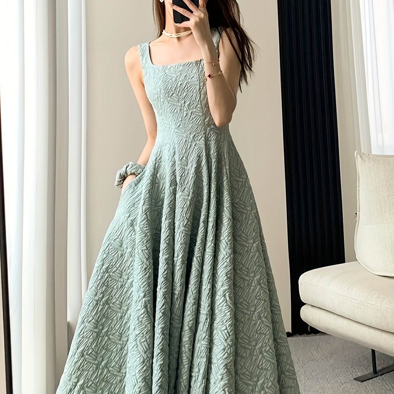 Elegant Square Neck Polyester 1pc Dress - Flared A-Line Pendulum Solid Color Textured Weave Spring/Summer Dress for Women