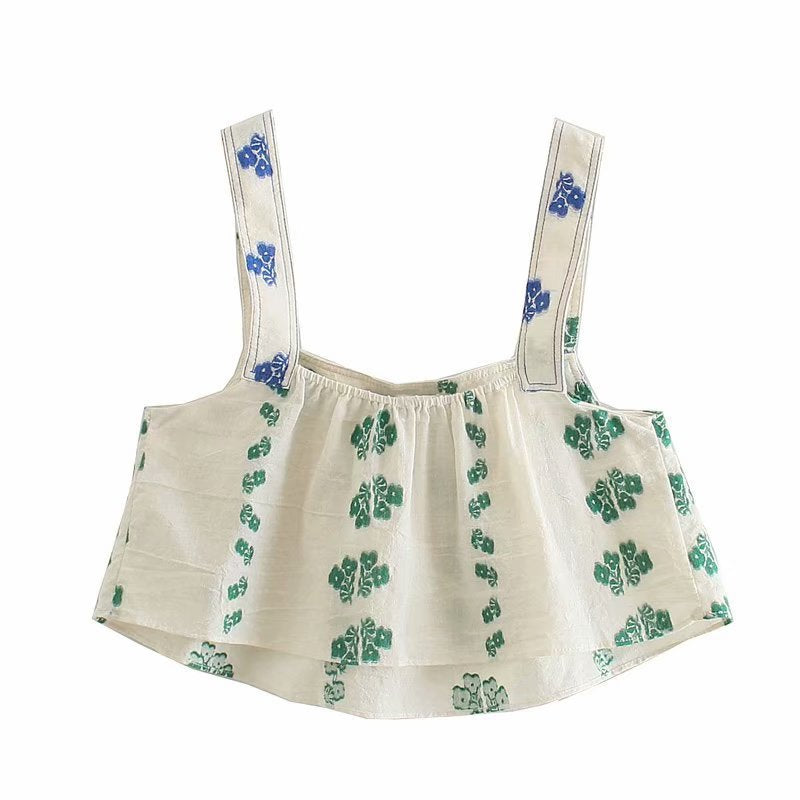 Voguable  Cotton Linen Beige Folk Vintage Sleeveeless Women Sets Casual Crop Top Wide Leg Slip Pants Suits Summer Floral Sets
