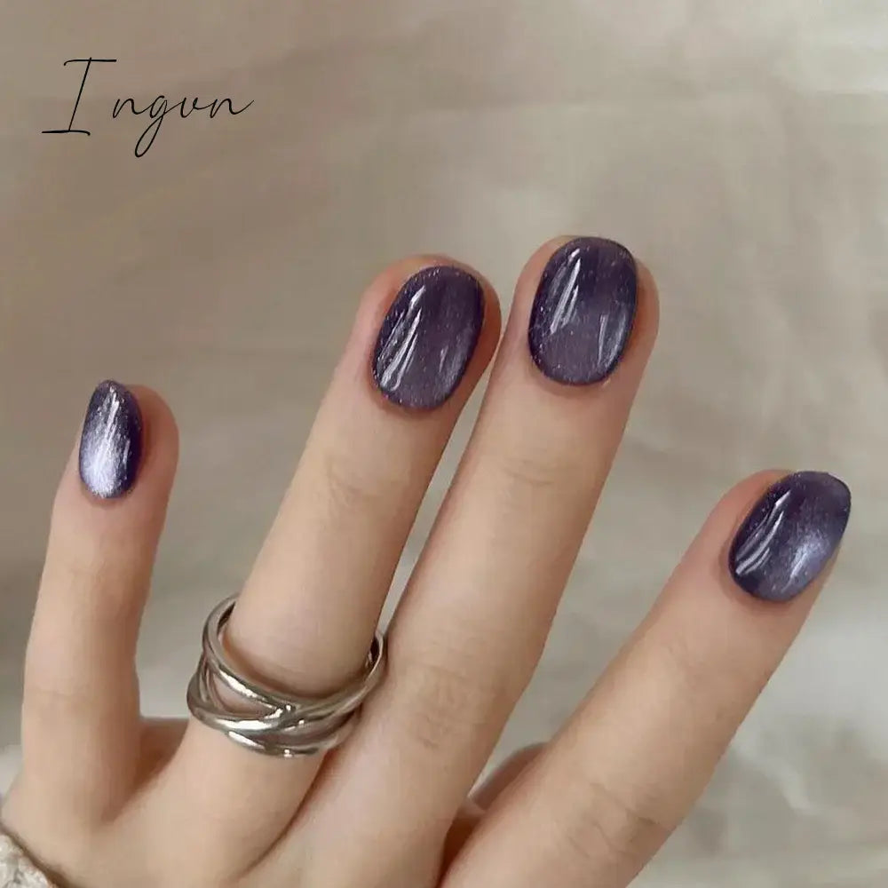 24pcs Luxurious Glossy Oval Purple Glitter Nails Press-On False Nails Set Cat Eye Stick on Nails with Sky Design for Women/Girls