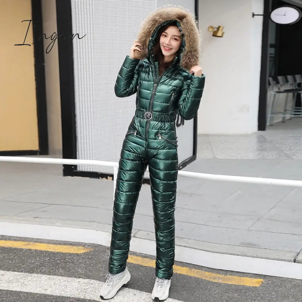 Ingvn - One Piece Ski Suit Women Jackets Winter Hooded Parka Jumpsuit Women Cotton bodysuit Sashes Jumpsuits Zipper Overalls Tracksuits