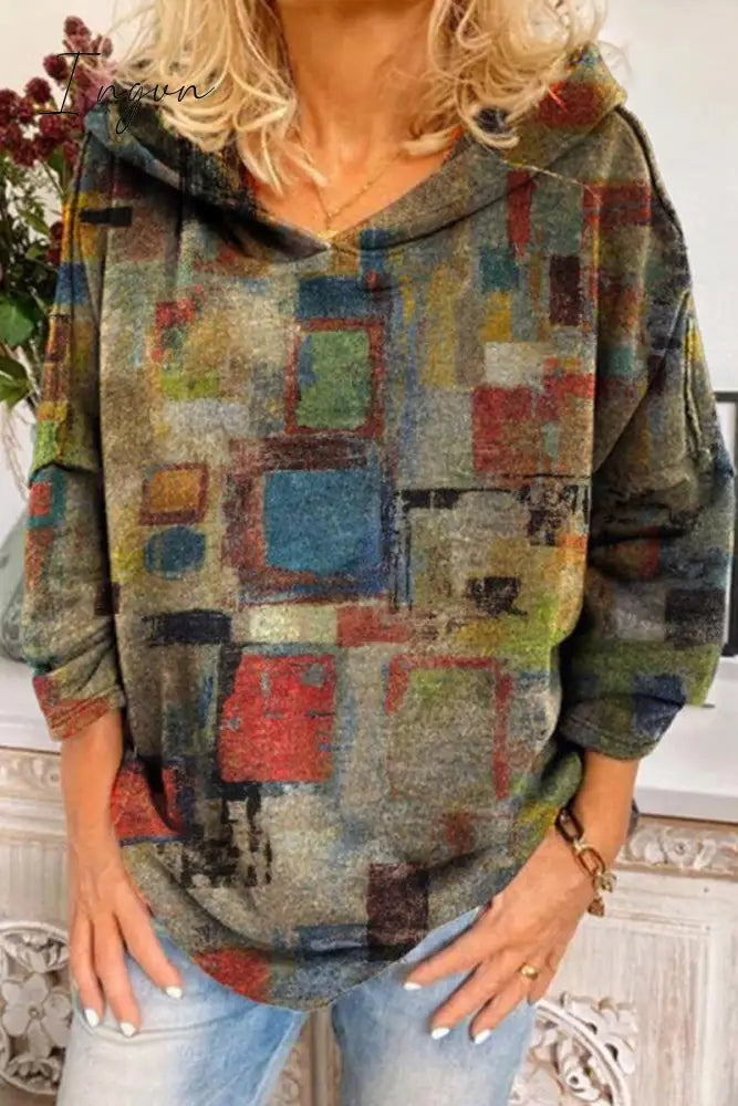 Ingvn - Casual College Print Patchwork Hooded Collar Tops