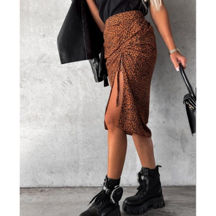 Voguable Midi Skirt Women Leopard Spring Lace Up Slit Bodycon High Waist Drawstring Printed Sexy Skirt Casual Office Female Skirt