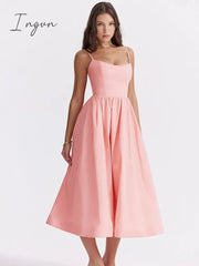 Ingvn - Elegant A-line Loose Midi Dress Women Gown Spaghetti Strap Sleeveless Backless French Retro Sexy Long Dress Vestidos