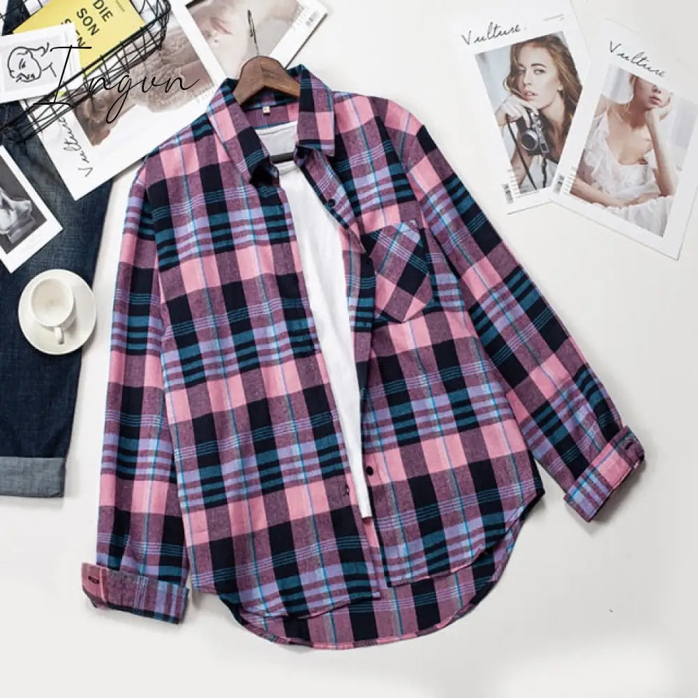 Ingvn - Plaid Shirts Women Top And Blouses Long Sleeve Oversized Cotton Ladies Casual Blusas One Pocket Loose Female Checked Shirt