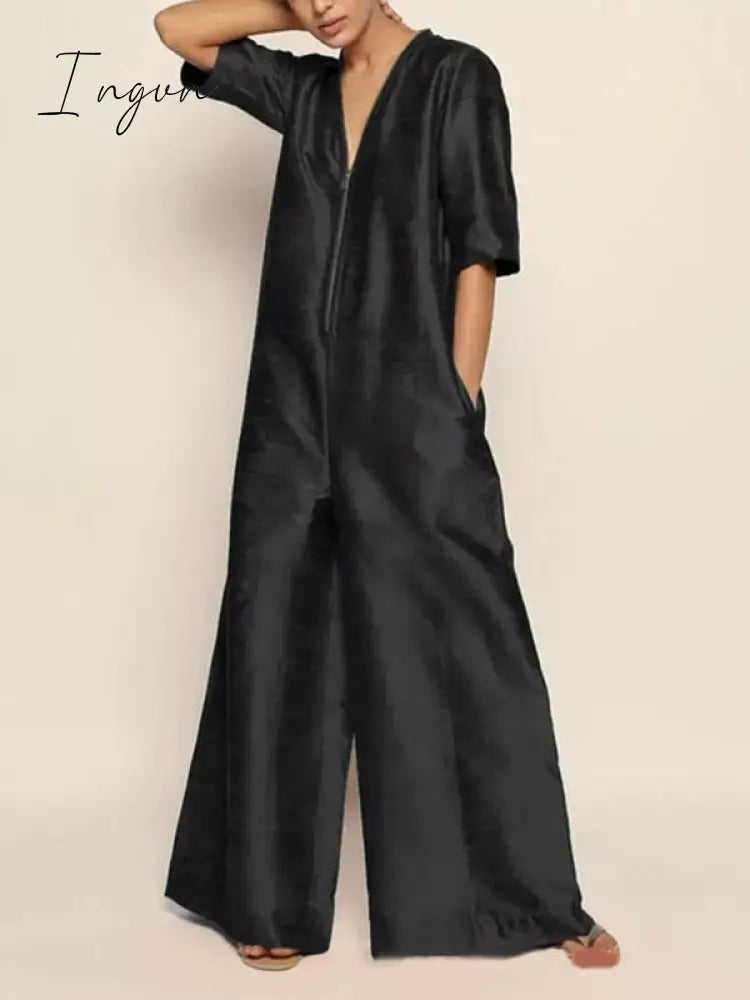 Ingvn - Solid Color Zipper V-neck Half Sleeves Wide Leg Jumpsuits For Women 2023 Summer New Stylish Casual Streetwear Jump Suits