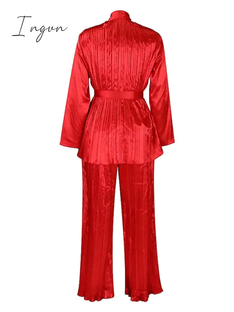 Ingvn - Women's Shirt Pants Sets White Red Fuchsia Solid Color Long Sleeve Casual Daily Fashion V Neck Regular Fit Spring &  Fall