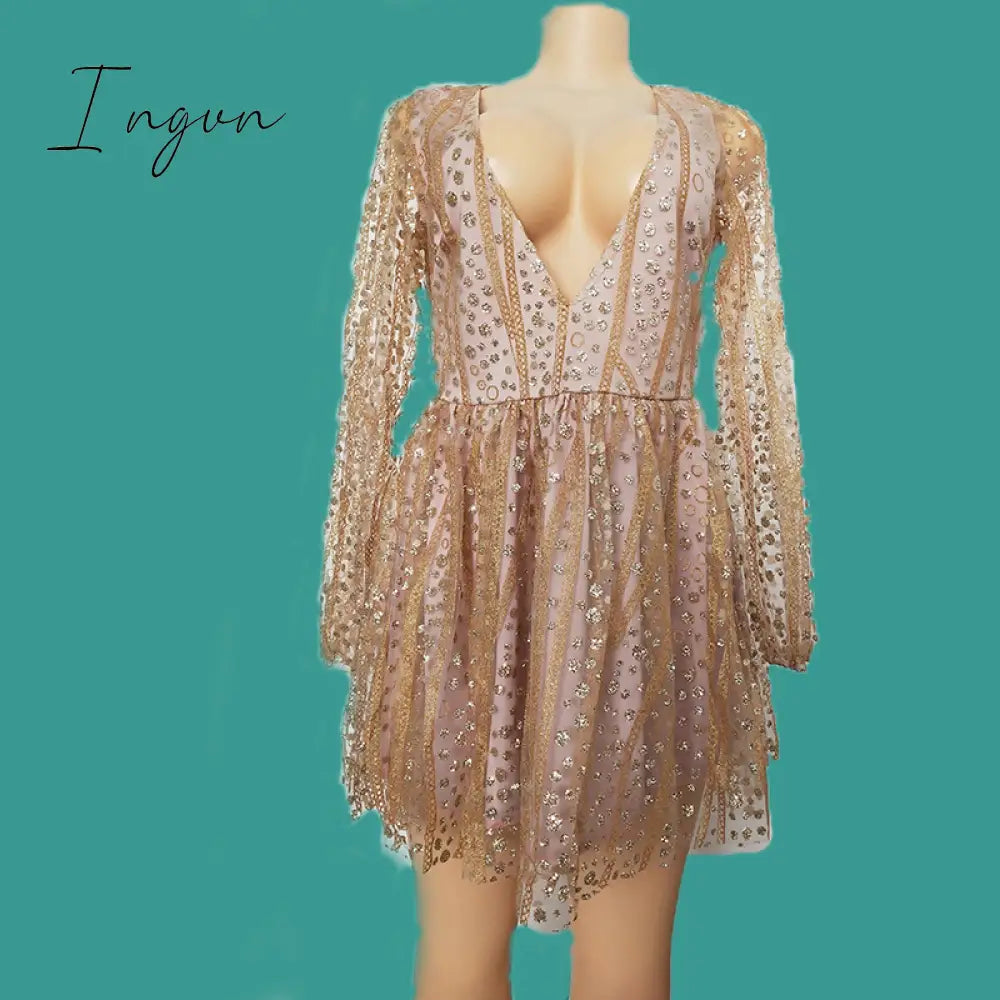 Ingvn - Sequined Mini Dress Deep V Neck Luxury Shiny Long Sleeve Women Sexy Elegant Party Clubwear Evening Bodycon Dress For Women Robe