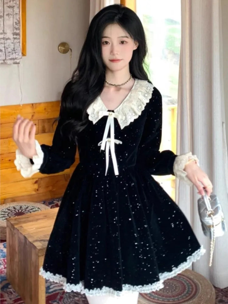 Elegant Lace Patchwork Velvet Dress Women French Style V-Neck Long Sleeve Slim A-Line Party Robe Vintage Evening Prom Vestidos