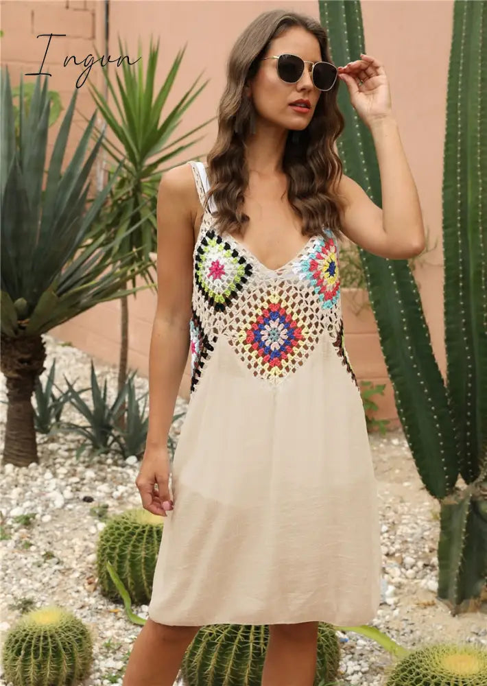 Ingvn - Crochet Beach Cover-ups Summer Tunic Cover Up saida de praia Knitted Swimsuit Ups for Women Vestido Playa Mujer White Dress
