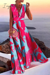 Ingvn - Casual Print Patchwork V Neck Cake Skirt Dresses(5 Colors)