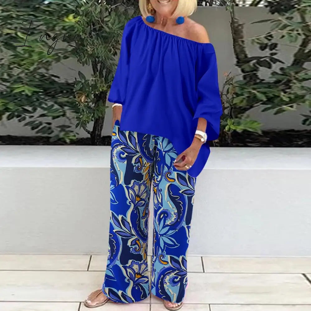 Ingvn - Pants Sets Fashion One Shoulder 3/4 Sleeve Tops Floral Print Wide Leg Trouser Women Two Piece Sets Casual Loose Suit
