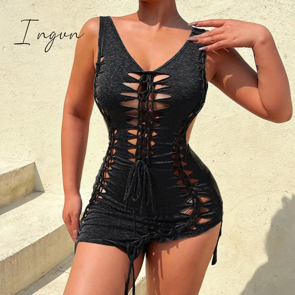 Ingvn - Dark Gray Hollow Out Mini Dress Sexy Drawstring Bandage Backless Summer Dresses for Women 2023 Birthday Party Clubwear