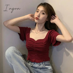 Ingvn - Knitted Fashion Blouse Woman Ruffle Youth Elegant Blouse Summer Crop top Sexy Slim fit Shirt Short sleeve