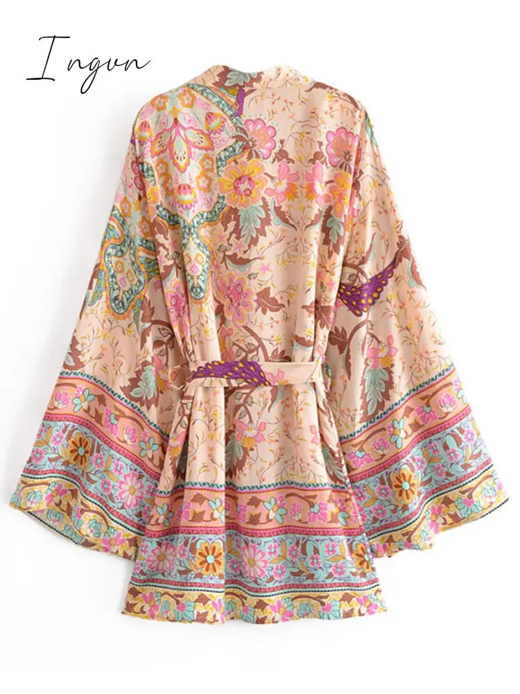 Ingvn - Vintage Peacock Floral Print Sashes Bohemian Kimono Women V Neck Batwing Sleeves Short Robe Boho Bikini Cover-ups