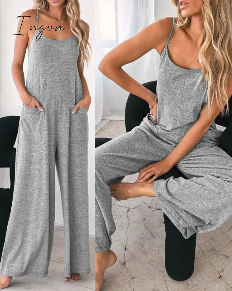 Ingvn - Jumpsuit For Women 2023 Fashion Grey Pocket Design Spaghetti Strap  Casual Home Daily Chic Loose Wide Leg Cami Jumpsuit