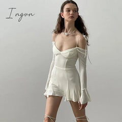 Ingvn - European-American Women's Clothing 2023 Summer Sexy One-Shoulder Flare Sleeve Print Waist Show Thin Sling Dress