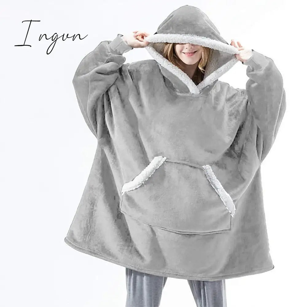 Ingvn - Women‘s Couple‘s Pajamas Nightgown Hoodie Blanket Wearable Blanket Christmas Grid / Plaid Pure Color Plush Simple Comfort Home Party Fleece Warm Gift Patchwork Pocket Fall Winter Black Gray