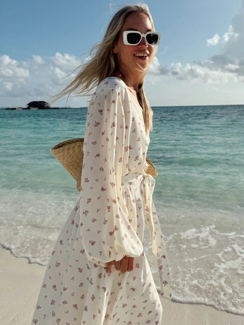 Ingvn  New  Autumn Women's V-neck Long Sleeve Floral Print Beach Dress Female Casual Loose Chiffon Long Vacation Dresses with Belt