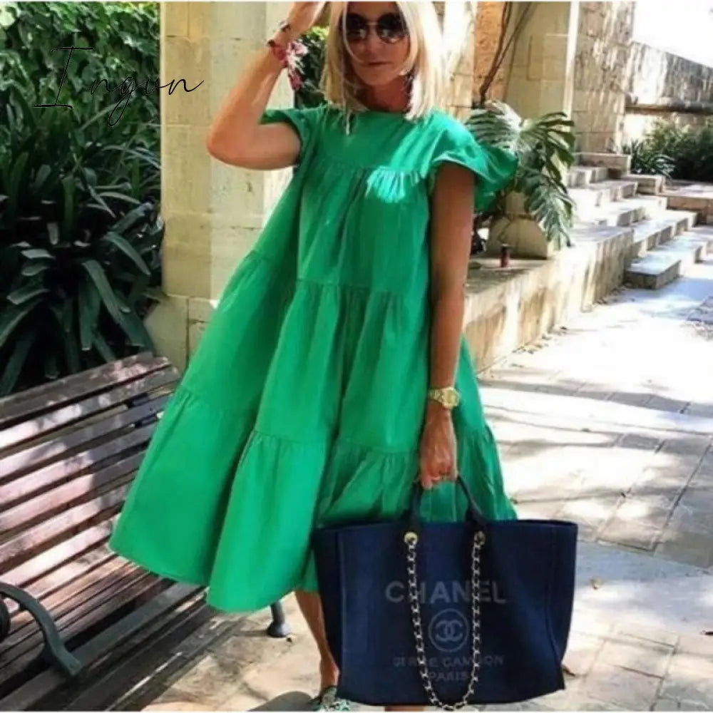 Ingvn - New Summer Solid Color Women Dress Short Sleeve Loose Chic Pleated Dress Beach Casual White Black Pink Dress Lady Vestidos