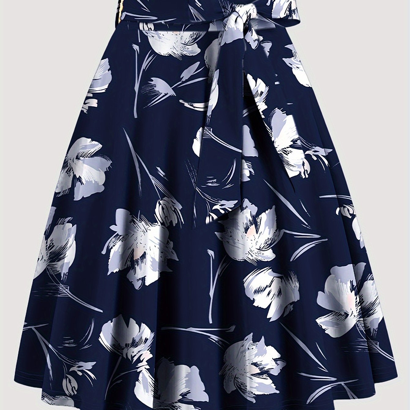 Floral Print High Waist Skirt, Elegant Belted Flared Midi Skirt, Women's Clothing