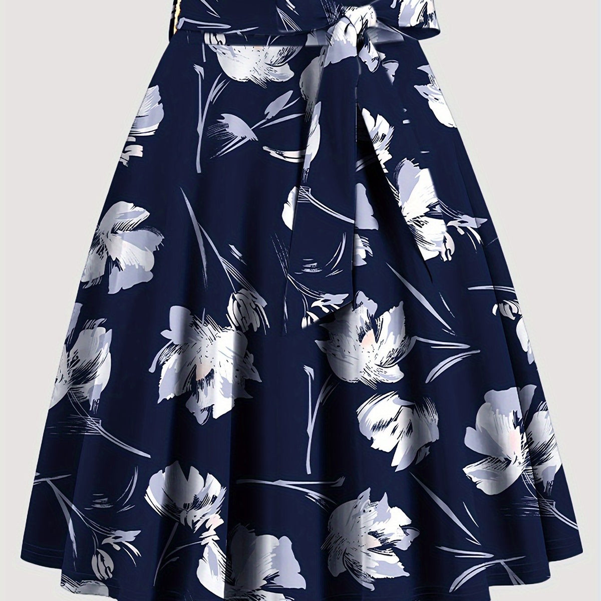 Floral Print High Waist Skirt, Elegant Belted Flared Midi Skirt, Women's Clothing