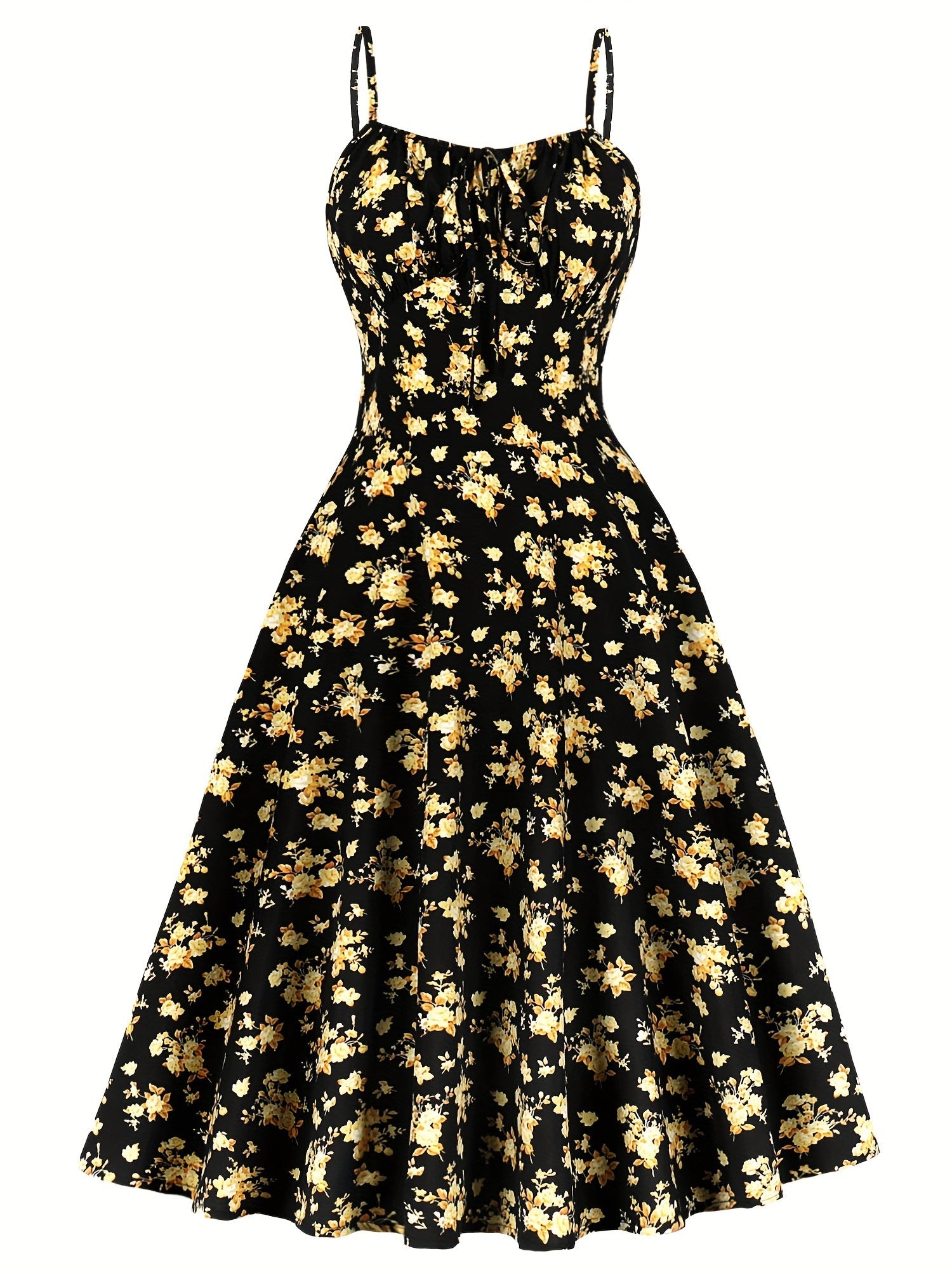 Vintage Chic Floral Print Sundress - Chic Tie Front, Timeless Elegance, Sleeveless Spaghetti Strap - Perfect Summer Womens Fashion Dress