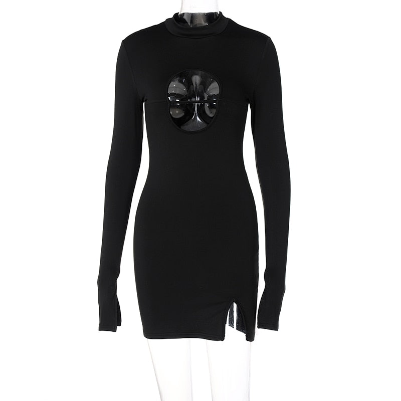 Long Flare Sleeve O Neck Bodycon Hollow Out Mini Dress Autumn Winter Women Fashion Outfit Y2K Slim Streetwear