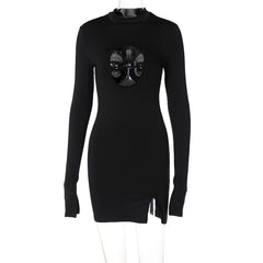 Long Flare Sleeve O Neck Bodycon Hollow Out Mini Dress Autumn Winter Women Fashion Outfit Y2K Slim Streetwear