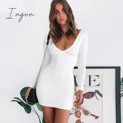 Ingvn - Wrap V Neck Ruched Bodycon Dress Women Long Sleeve Sexy Party Backless Black Red White Autumn Winter Mini Dresses