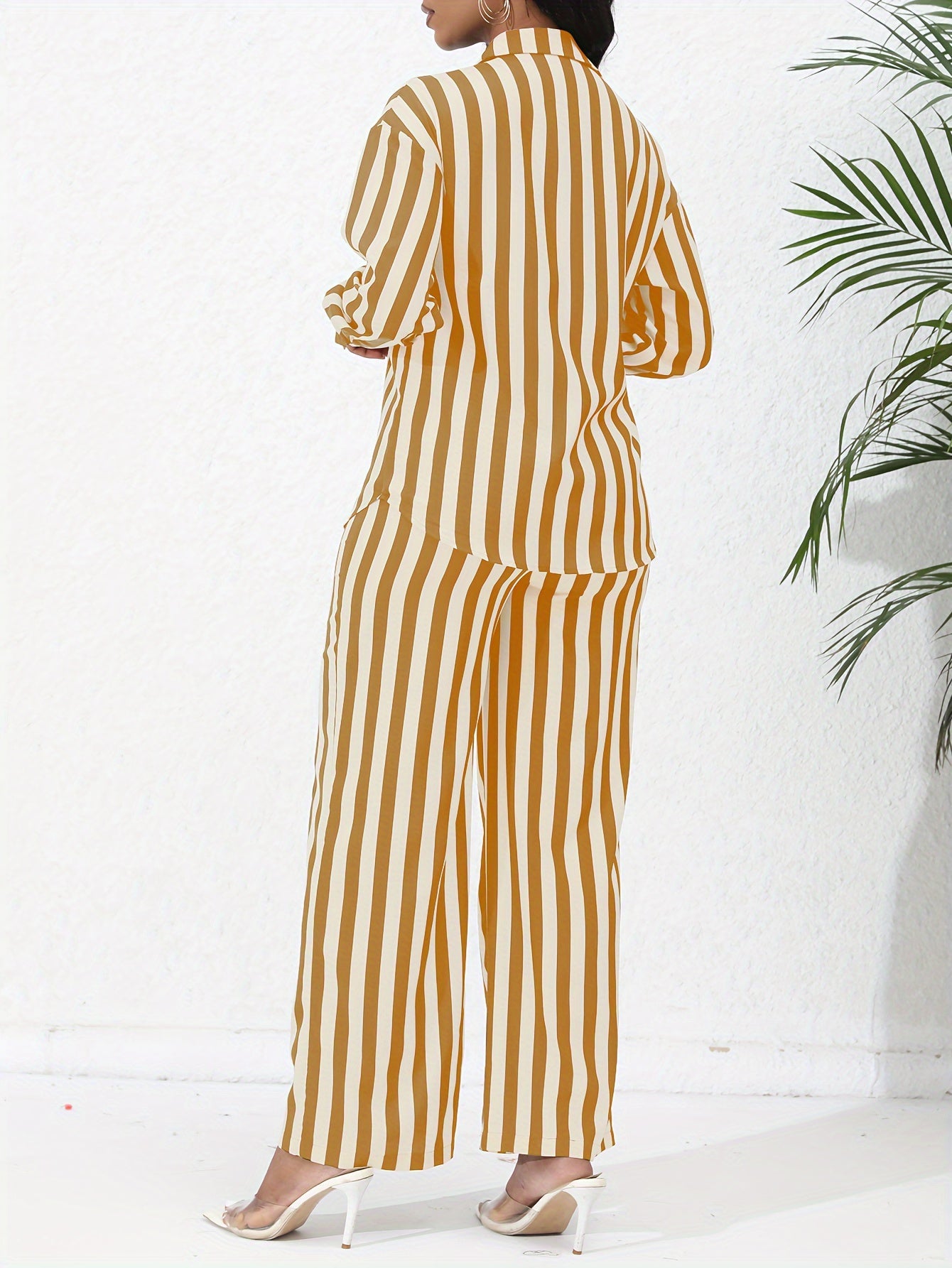 Chic Striped Print Two-Piece Outfit Set - Comfortable Button-Down Shirt & Flowy Wide Leg Pants - Casual Everyday Wear for Women