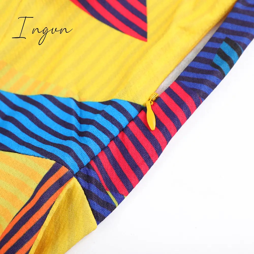 Ingvn - Ladies Fashion Half Sleeve Dress Women Elegant Round Collar Geometric Printing Splicing Temperament Maxi Dress For Ball Party