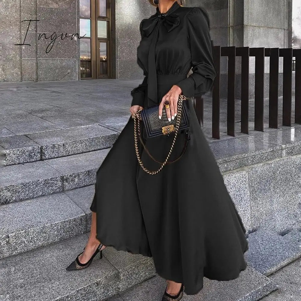 Ingvn - Elegant Vintage Dresses Classy Outfits Women Fashion Spring Autumn Long Sleeve Satin Yellow Dress Chic Maxi Dress