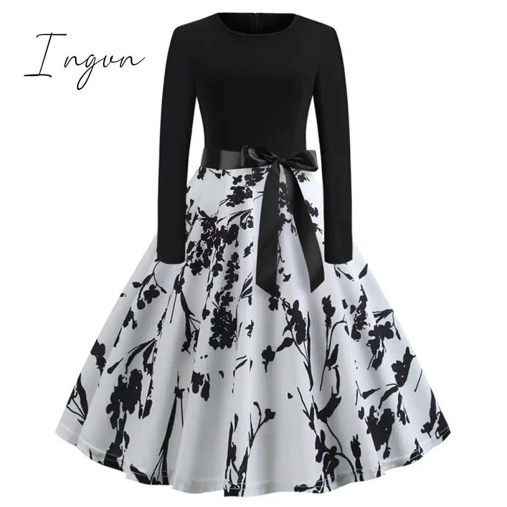 Ingvn - Winter Christmas Dresses Women 50S 60S Vintage Robe Swing Pinup Elegant Party Dress Long Sleeve Casual Plus Size Print Black
