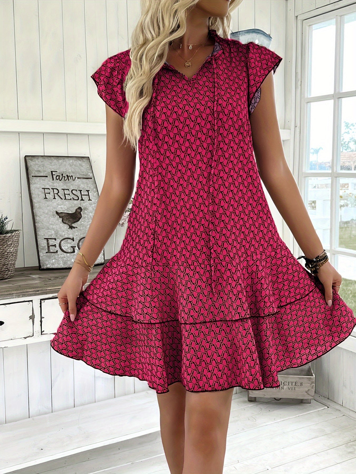Elegant Ruffled Tie Neck Dress - Women's Spring & Summer Layered Dresses with Allover Print - Perfect for Elegant Dressing Occasions