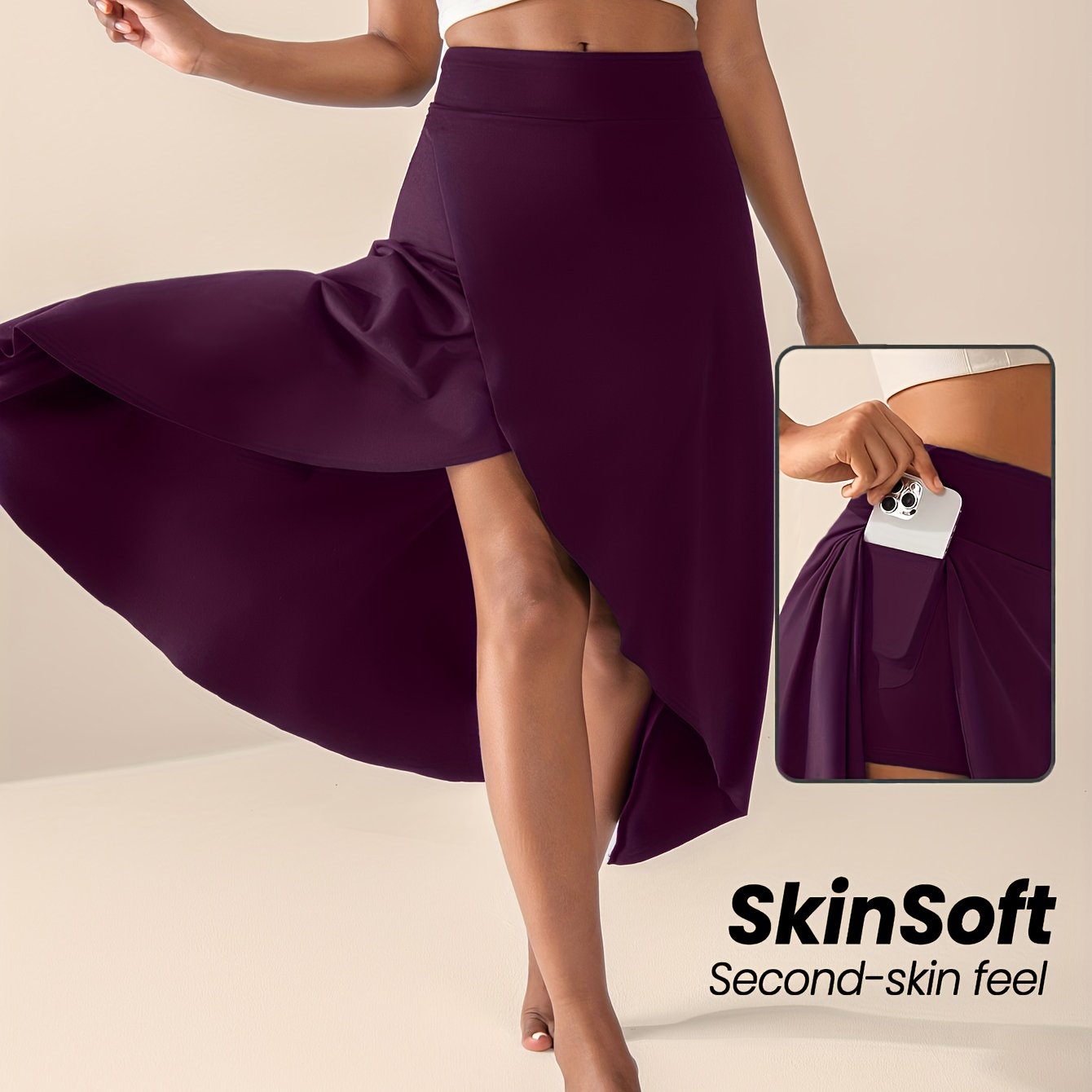 Women's High-Waisted Split Skort with Pockets, Solid Color Casual Sports Skirt, Breathable & Flexible for Active Wear