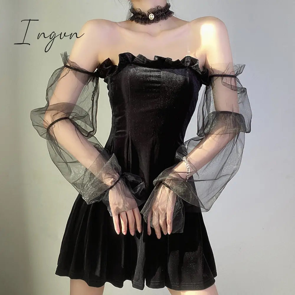 Ingvn - Gothic Sexy Dress Vintage Off Shoulder Lantern Sleeve Mesh Patchwork Velvet Mini Dress Dark Street Black Dress for Female