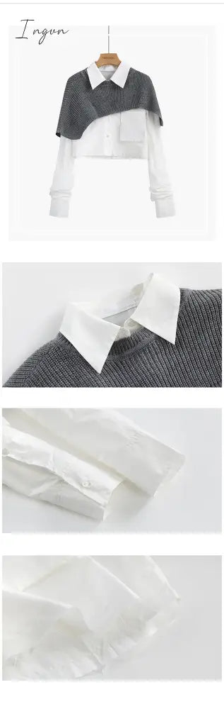 Ingvn - Spring Autumn Fashion Women Two Pieces Sets Long Sleeve Short Blouse Shirt + Solid Knitted Pullover Crop Shawl Sweater Female Tops