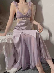 Spring Sexy Silk Strap Dress Women French Elegant Party Fairy Dress Backless Lace Long Dresses Women Court Vintage Korean