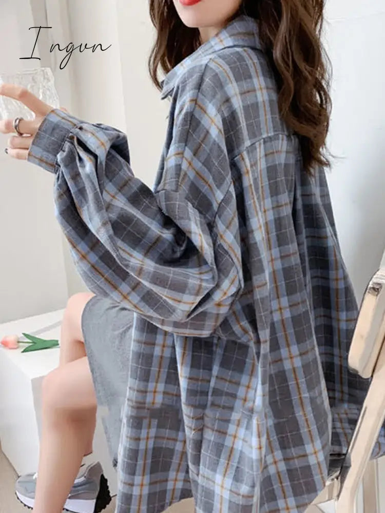Ingvn - Fashion Plaid Women Shirt Fashion Korean Oversize Tops Harajuku Daily All-match Long Sleeve Chic Female Yellow Shirts New